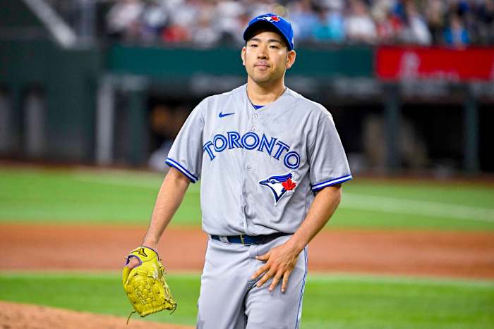 Sep 11, 2022; Arlington, Texas, USA; Toronto Blue Jays starting pitcher Yusei Kikuchi (16) in action during the game between the Texas Rangers and the Toronto Blue Jays at Globe Life Field.